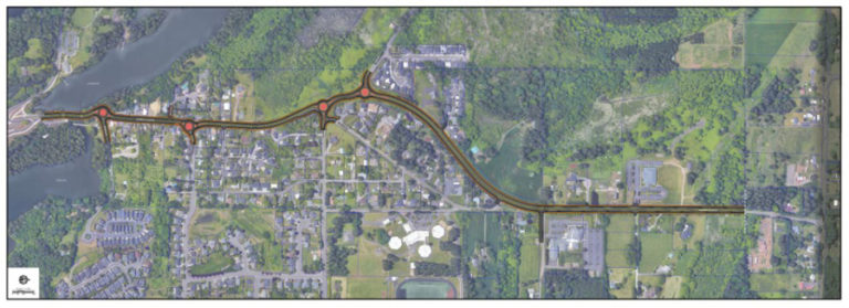 An illustration shows proposed roundabout sites (orange dots) along a section of Northeast Everett Street in Camas, between the Lake Road-Everett Street roundabout and the city's northern limits.