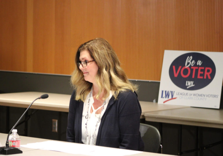 Camas City Councilmember Bonnie Carter answers questions during a League of Women Voters of Clark County candidate forum at the Vancouver Community Library Wednesday, Oct. 4, 2023.