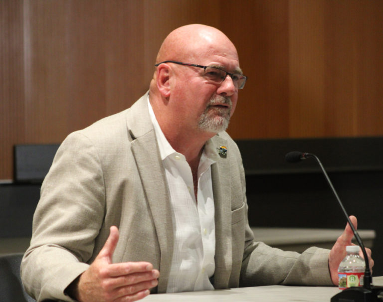 Washougal Mayor David Stuebe answers questions during a League of Women Voters of Clark County candidate forum at the Vancouver Community Library Wednesday, Oct. 4, 2023.