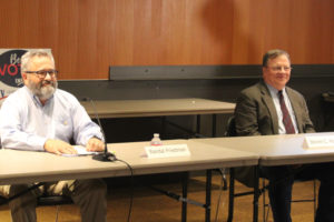 Camas Mayor Steve Hogan (right) and his challenger in the Nov. 7, 2023, general election, Randal Friedman (left) prepare to answer questions during a League of Women Voters candidate forum held Oct. 4, 2023, at the Vancouver Community Library. (Kelly Moyer/Post-Record)