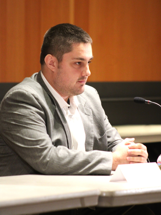 Washougal mayoral candidate Gabriel Stone answers questions during a League of Women Voters of Clark County candidate forum at the Vancouver Community Library Wednesday, Oct. 4, 2023.