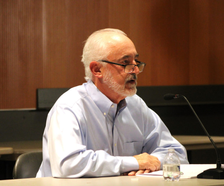 Camas City Council candidate John Svilarich answers questions during a League of Women Voters of Clark County candidate forum at the Vancouver Community Library Wednesday, Oct. 4, 2023.