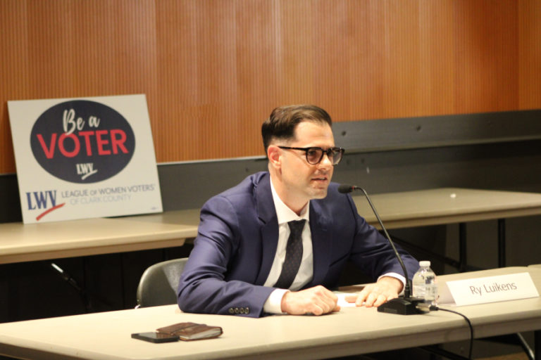 Camas City Council candidate Ry Luikens answers questions during a League of Women Voters of Clark County candidate forum at the Vancouver Community Library Wednesday, Oct. 4, 2023.
