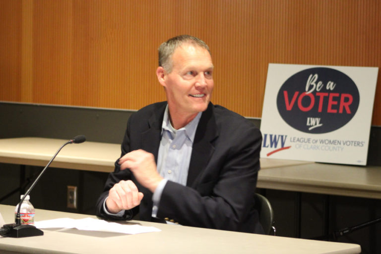 Camas City Council candidate Stephen Dabasinskas answers questions during a League of Women Voters of Clark County candidate forum at the Vancouver Community Library Wednesday, Oct. 4, 2023.