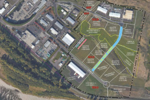An overhead map of the Port of Camas-Washougal's industrial park shows the location of Lot 14E (bottom right), which has drawn a purchase offer from a California-based aerospace company. (Contributed graphic courtesy Port of Camas-Washougal)