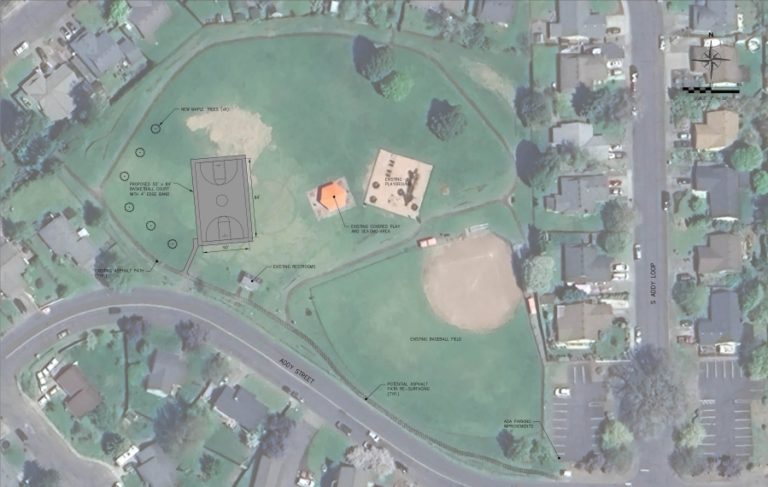 A conceptual site plan shows basketball courts and other improvements the city of Washougal is planning to install at Hamllik Park.