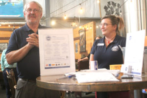 Washougal Business Association President Paul Greenlee (left) talks as board member Lori Reed looks on during an open house  at 54-40 Brewing in Washougal, Oct. 12, 2023.