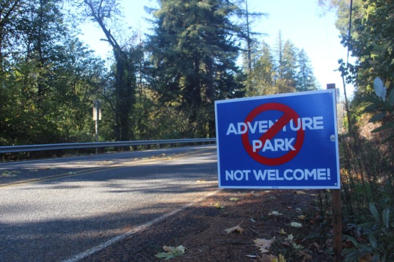 An "Adventure Park Not Welcome Sign" is staked into the ground on the west side of Washougal River Road near the Cape Horn-Skye Elementary School/Canyon Creek Middle School campus in Washougal on Saturday, Oct. 28.
