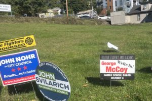 Campaign signs for Camas City Council and Camas School Board candidates sway in the breeze in downtown Camas Saturday, Oct. 28, 2023. (Kelly Moyer/Post-Record)