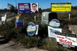 Election signs for Camas City Council, Camas mayoral and Camas School Board races stand on a vacant piece of property near the intersection of Southeast 192nd Avenue and Southeast Brady Road, near the Camas-Vancouver border, Oct. 28, 2023. (Kelly Moyer/Post-Record)