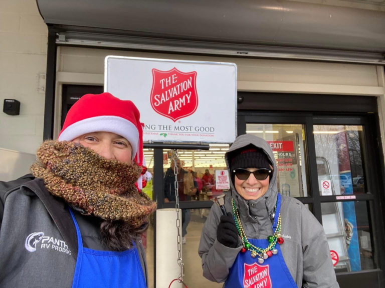 Contributed photo courtesy Camas-Washougal Salvation Army 
 Salvation Army of Camas-Washougal volunteers Richard Sweet (left) and Cindy Schroeder (right) ring bells in front of the Bi-Mart store in Washougal in December 2022. (Contributed photo courtesy of the Camas-Washougal Salvation Army)