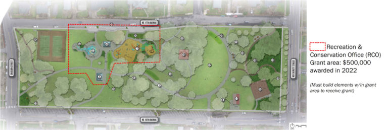 An illustration shows the area of Crown Park (outlined) near the corner of Northeast 17th Avenue and Division Street in Camas, which must be included in the park's slated renovations for the city of Camas to retain a $500,000 Washington State Recreation and Conservation Office grant. The area includes a new restroom, seasonal splash pad, ADA-accessible parking and an inclusive playground.
