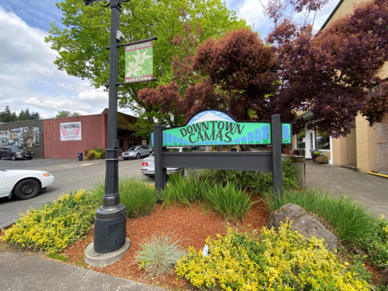 A sign at Fourth Avenue and Adams Street welcomes visitors to downtown Camas May 8, 2021 (Kelly Moyer/Post-Record files)