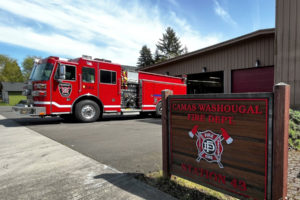 A fire engine sits in front of the Camas-Washougal Fire Department's Station 43 in Washougal, April 30, 2022. (Kelly Moyer/Post-Record files)