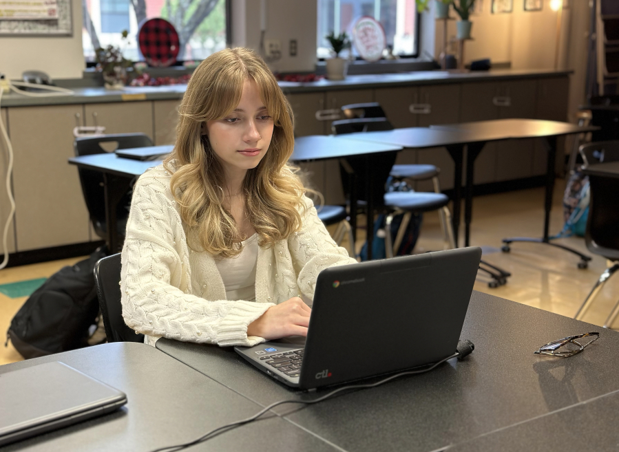 Washougal High School senior Gabby McCormick accesses the YouScience online program on Monday, Dec. 18, 2023. McCormick has used the program to confirm her choice of career path and find out more information about what she needs to do in order to become an interior designer. (Contributed photos courtesy of the Washougal School District)