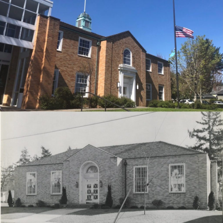 Top: An American flag flies at half-staff outside the Camas Public Library on April 19, 2018. (Kelly Moyer/Post-Record files) Bottom: The Camas library is pictured in 1940.