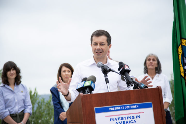 U.S. Secretary of Transportation Pete Buttigieg speaks during a press conference in Washougal on Friday, July 7, 2023.