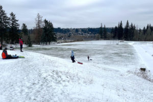 Children take advantage of newly fallen snow to sled down a hill behind Skyridge Elementary School in Camas, Sunday, Jan. 14, 2024. (Doug Flanagan/Post-Record)