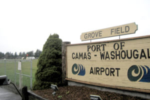 A sign greets visitors at the Port of Camas-Washougal's Grove Field airport, located north of Camas, Jan. 21, 2021. (Post-Record file photo)