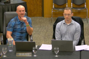 Screenshot by Doug Flanagan/Post-Record
Trevor Evers (left), the city of Washougal's public works director, and Sergey Tarasov, a principal for the Redmond, Washington-based FCS Group, talk about the city of Washougal's new utility rates during a Washougal City Council workshop on Monday, Nov. 13, 2023.