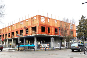 Construction on a mixed-use building that will feature 46 apartments, 49 off-street parking spots and 1,200 square feet of retail space takes place in downtown Washougal, Monday, Jan. 22, 2024. (Doug Flanagan/Post-Record)