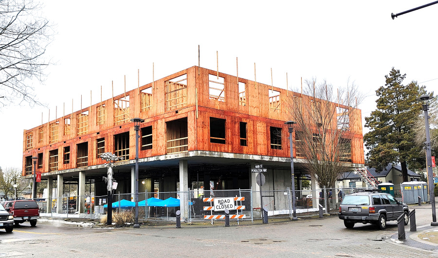 Construction on a mixed-use building that will feature 46 apartments, 49 off-street parking spots and 1,200 square feet of retail space takes place in downtown Washougal, Monday, Jan. 22, 2024. (Doug Flanagan/Post-Record)