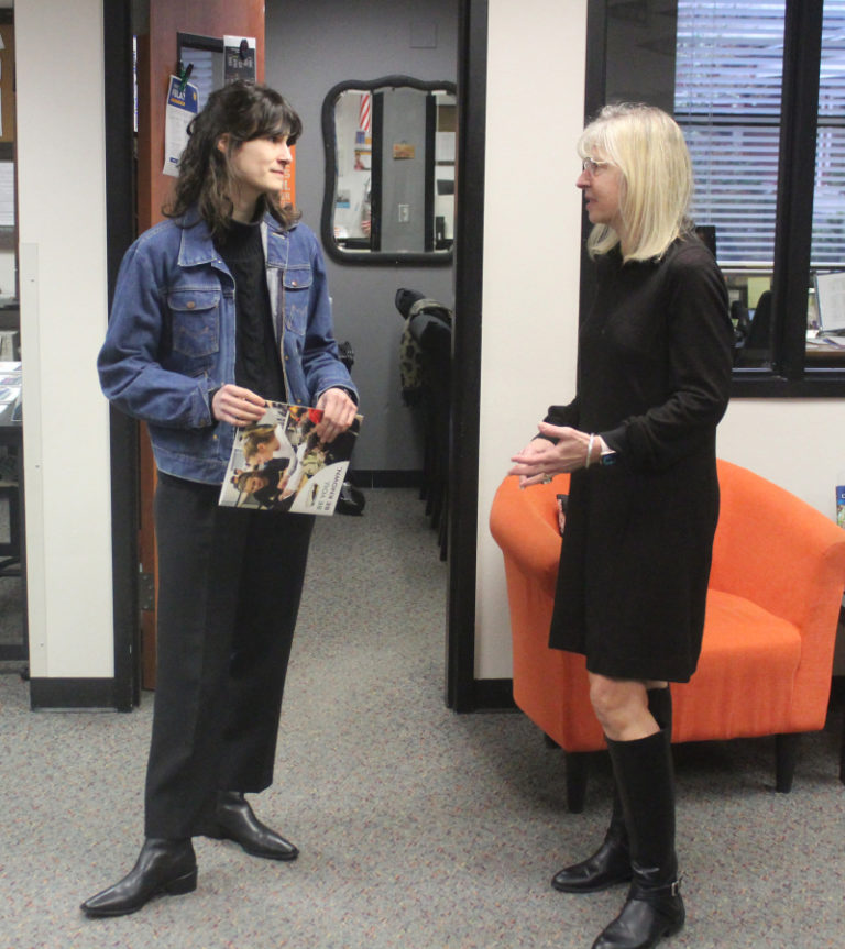 U.S. Rep. Marie Gluesenkamp Perez, D-Skamania (left), talks with Washougal High School career specialist Kathy Scobba at Washougal High on Wednesday, Jan.