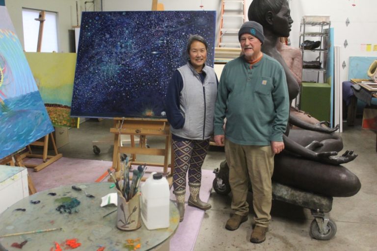 Doug Flanagan/Post-Record 
 Yvonne Gee (left), the newest member of the Clark County Arts Commission, poses for a photograph with her partner, David Van Zandt, in their home studio/gallery in rural Washougal on Friday, Jan. 26.