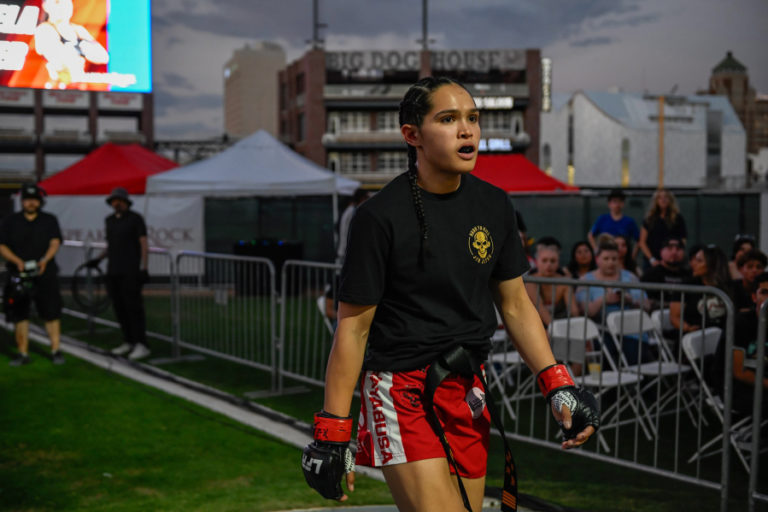 Mihaela Keller-Loss prepares for her professional mixed martial arts debut in August 2023 in El Paso, Texas.
