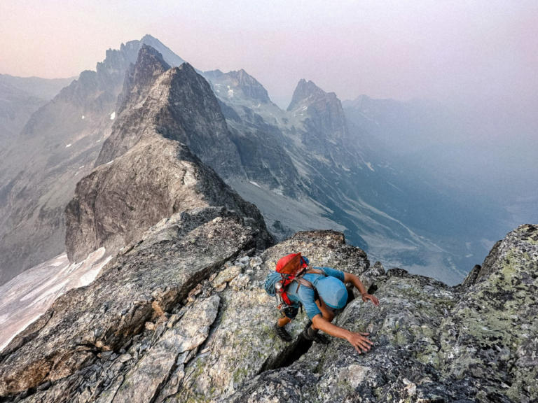Andrew Okerlund, 20, climbs the northeast ridge of Easy Mox in Washington during the summer of 2023.