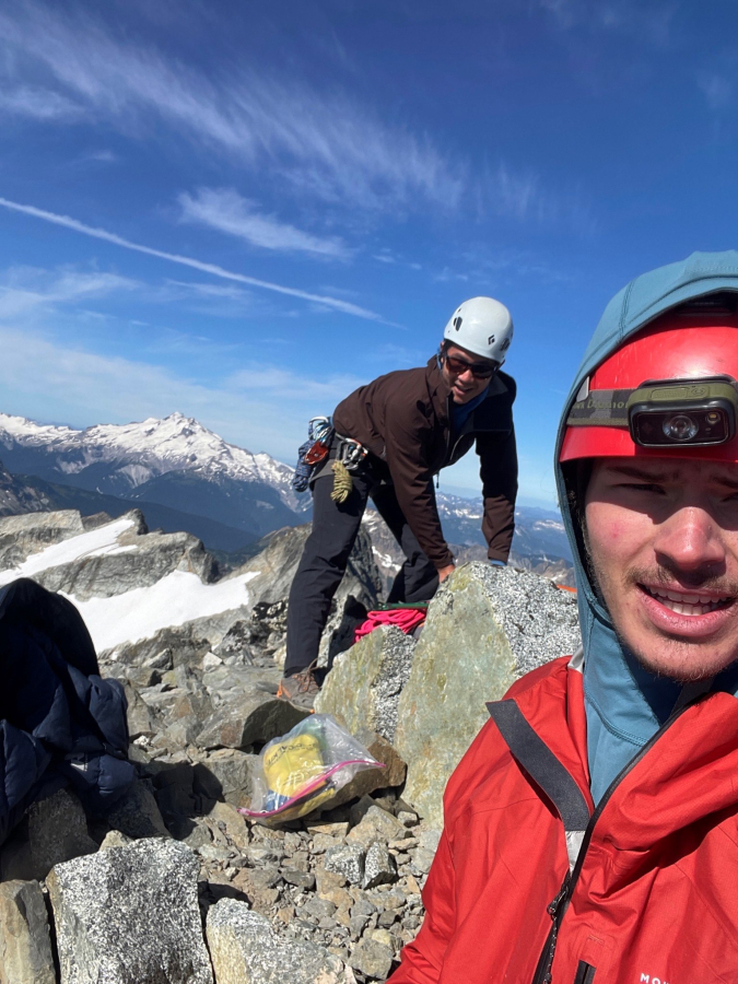 Andrew Okerlund (right) and Kevin Hsu are pictured after after completing the "Dark to Bonanza" traverse in Washington's North Cascades during the summer of 2023.
