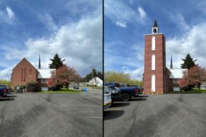 An illustration shows the current Camas Methodist Church (left) and the church as it would appear with a 60-foot cellular tower disguised by an 88-foot, brick bell tower, spire and cross (right). (Contributed photo courtesy of the city of Camas)