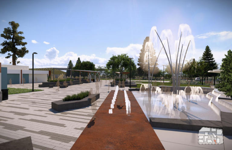 The city of Washougal&rsquo;s Town Center Revitalization project will feature a splash pad feature and entry plaza (right) just east of Washougal City Hall.