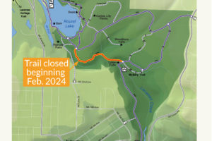 Clark County announced Feb. 22, 2024, that it has closed portions of a trail leading to Lower Falls in Lacamas Regional Park near Round Lake in Camas, due to a damaged pedestrian bridge. (Illustration courtesy of Clark County) 
