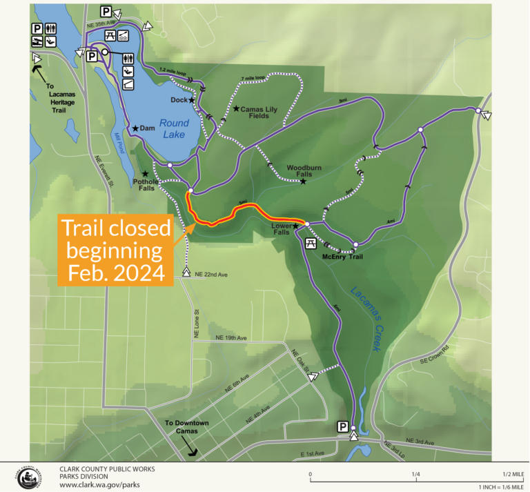 Clark County announced Feb. 22, 2024, that it has closed portions of a trail leading to Lower Falls in Lacamas Regional Park near Round Lake in Camas, due to a damaged pedestrian bridge.