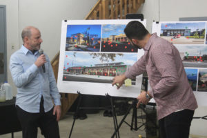 Monty Hill (left) and Adam Goldberg, architects for the Portland-based MacKenzie Architecture firm, talk about design options for the city of Washougal’s new fire station project during an open house held Thursday, Feb. 22, 2024, at the Camas-Washougal Fire Department Station 43 in Washougal. (Doug Flanagan/Post-Record)