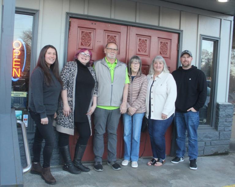 From left to right, Amanda Stamets, Lacey Swanson, Randy Heller, Reta Heller
Tina Nelson and Brad Heller pose for a photo outside the Washougal Times building in Washougal, Thursday, Feb. 22, 2024. (Doug Flanagan/Post-Record)