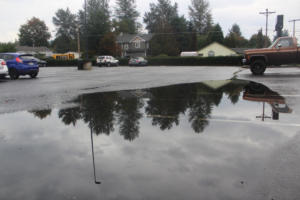 Doug Flanagan/Post-Record 
 Nearby trees are reflected in a puddle covering multiple spaces in Washougal High School's student parking lot on Monday, Oct. 9, 2023 (Contributed photo courtesy of the Lower Columbia Estuary Project)