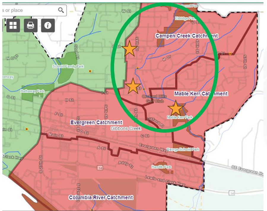 The city of Washougal has developed a stormwater management action plan to improve water quality and fish habitat in the Campen Creek Catchment (circled on the map above).