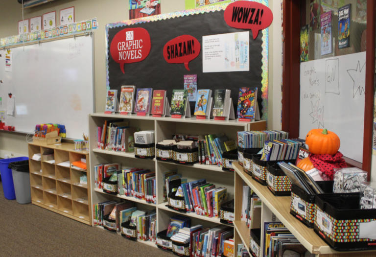A section inside the Dorothy Fox Elementary School's library displays graphic novels, Monday, March 4, 2024.