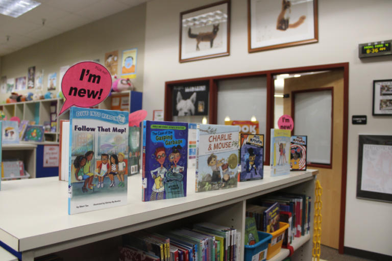 New books are on display inside the Dorothy Fox Elementary School library in Camas, Monday, March 4, 2024.