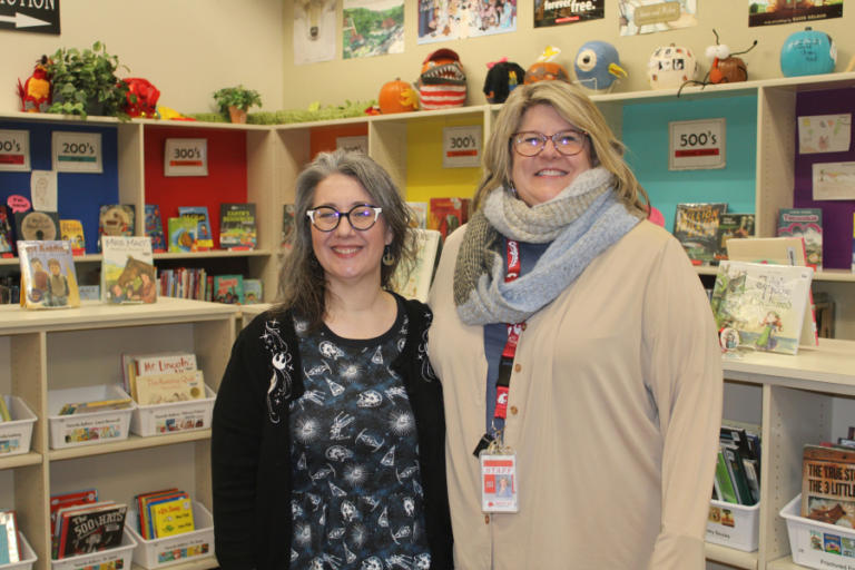 Dorothy Fox Elementary School Principal Cathy Sork (right) and teacher-librarian Sarah Logan (left) gather inside the Camas elementary school&rsquo;s library, Monday, March 4, 2024.