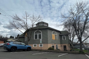 Demolition of the historic Camas First Christian Church at the corner of Northeast Cedar Street and Northeast Sixth Avenue in downtown Camas (pictured April 21, 2023), started this week to make way for a mixed-use development slated to have ground-floor retail and more than 50 apartments.