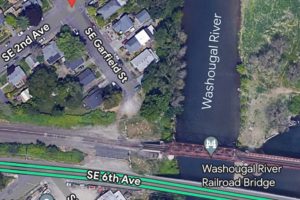 A Google map shows the railroad tracks that run past Southeast Garfield Street and across the Washougal River Railroad Bridge in southeast Camas. Camas police say a 68-year-old Camas man was struck and killed by a westbound BNSF train around 7 a.m. Tuesday, March 12, 2024. (Screenshot by Kelly Moyer/Post-Record)