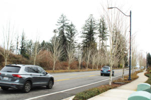 Cars drive past the Kielo at Grass Valley apartments off Northwest 38th Avenue in west Camas, across from undeveloped land owned by the Church of Jesus Christ of Latter-day Saints, Monday, March 11, 2024. (Kelly Moyer/Post-Record)