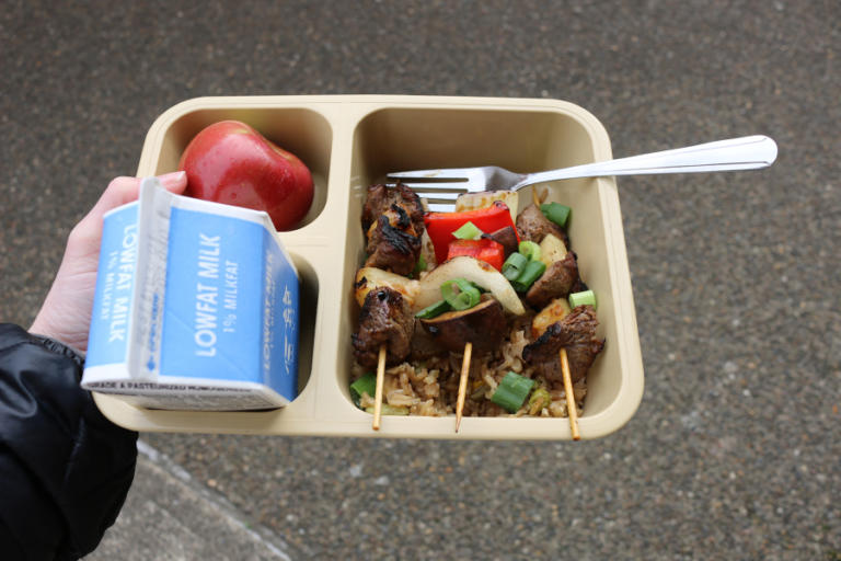 Washougal High School culinary students at the high school prepared and served beef kabobs, vegetable kabobs and seasoned rice with apples and milk for the Shoug Shack food truck&rsquo;s inaugural lunch on Friday, Feb. 16.