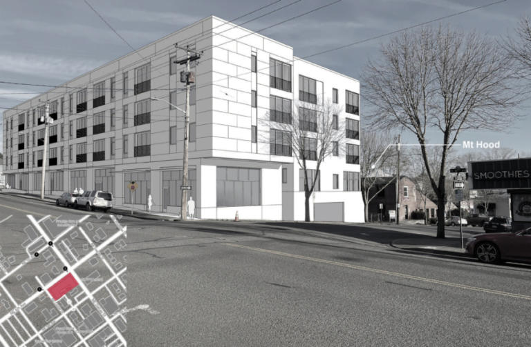 An illustration shows a concept for a mixed-use development slated to be built at 404 N.E. Sixth Ave., in downtown Camas. The building will offer ground-floor retail, 56 apartments and on-site parking.