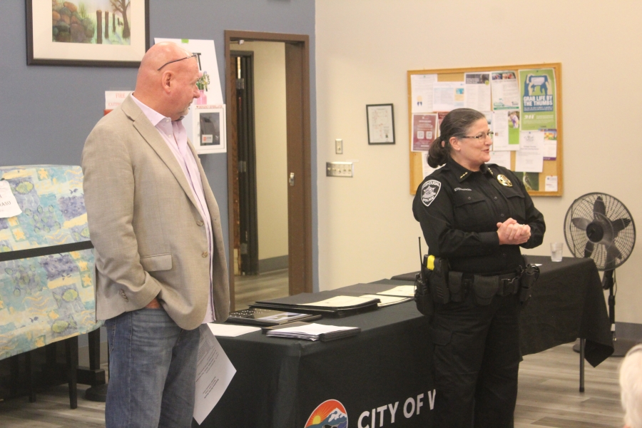 Doug Flanagan/Post-Record
Washougal Police Chief Wendi Steinbronn (right) speaks as Mayor David Stuebe looks on during the city of Washougal’s Hometown Heroes event, held March 21 at the Washougal Community Center.