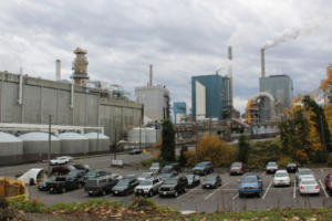 The Georgia-Pacific paper mill is pictured in downtown Camas in 2018. A mill employee, Dakota Cline, 32, died March 8, 2024, after becoming entangled in one of the mill’s packaging machines. (Kelly Moyer/Post-Record files)