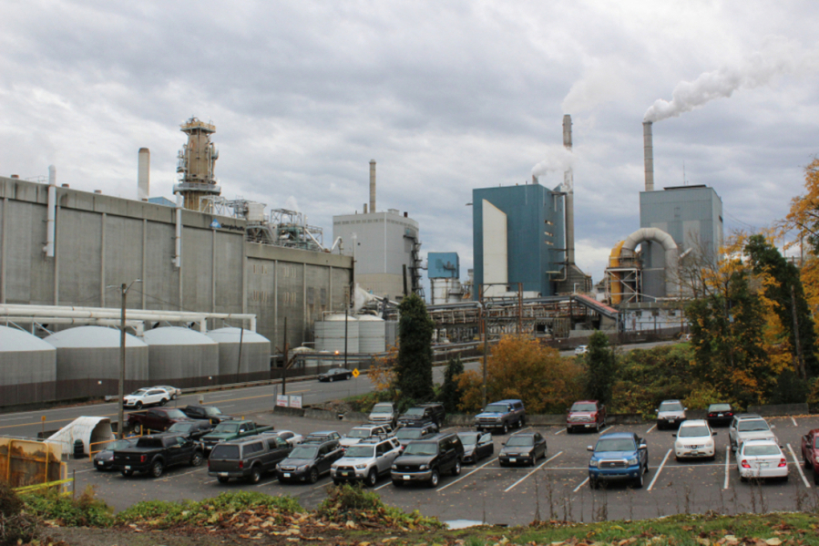 The Georgia-Pacific paper mill is pictured in downtown Camas in 2018. A mill employee, Dakota Cline, 32, died March 8, 2024, after becoming entangled in one of the mill&rsquo;s packaging machines. (Kelly Moyer/Post-Record files)